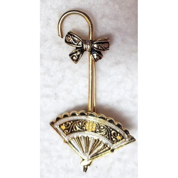 Vintage Damascene Umbrella Parasol With Bow Signed Spain Brooch Pin 2.25" - Picture 3 of 6